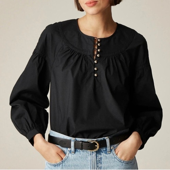 J.Crew Shirred popover top in cotton poplin in black - Picture 2 of 10
